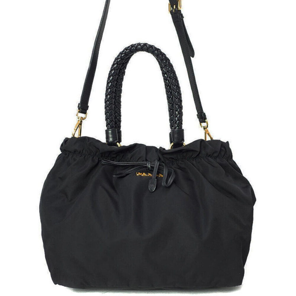 Prada Tessuto Bow Satchel nylon handbag braided top handles Black